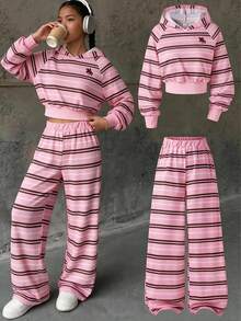 SHEIN 青少年女孩長袖抓絨套裝上衣 2件/組 圓領粉色條紋小馬圖案連帽衫套裝 秋季 六年級 正式寬鬆派對度假款 - 彩色 - 查看 9