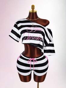 Amplova Asymmetric Neck Fitted Cropped Top With 5-Point Sleeves, Ultra Low Waist Colorblock Striped Y2K Slogan Black & White 2 Pieces Set For Women - Black - View 3