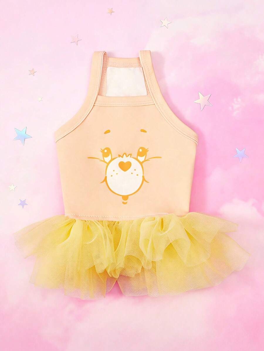 Care Bears X PETSIN 1件可愛愛心熊圖案印花黃色吊帶洋裝,適用於貓狗,春夏季薄款公主風,適合室內生日派對或陽光戶外野餐 - 黃色 - 查看 1