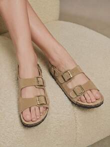 Solecia Three-Buckle Rear Strap Cork Sandals Women, Retro Suede Adjustable Buckle To Wear Boken Sandals - tawny - View 8