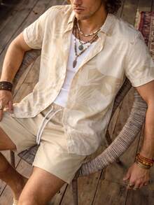 Alderstead Plus Size Men's Summer White Boho Beach Outfit,Plant Print Button-Front Shirt & Shorts Set,Resort Wear Cruise Holiday Vacation Tropical Outfits - Khaki - View 4