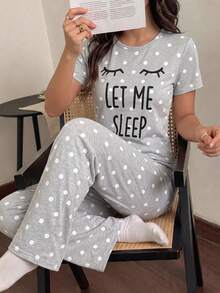 Teen Girls 2-Piece Set Summer New Arrival, Grey & White Polka Dot Print, Korean Sweet Style, Round Neck Short Sleeve Top & Long Pants, Soft Milk Silk Knit Fabric, Loose Comfortable Fit, Playful Letter & Eyelash Print Design, Energetic Girl Vibe, Loungewear Can Be Worn Out - Grey - View 6