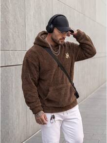 KRYTIVO Men's Plus Size Hooded Fleece Sweatshirt With Letter Print, Men Brown Hoodie, Men Sherpa Hoodie, Blanket Hoodie, For Fall Winter, Long Sleeve Top - Coffee Brown - View 3