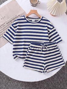 SHEIN Young Girl Striped Short Sleeve T-Shirt And Shorts Casual Set - Blue - View 5