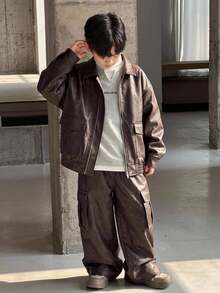SHEIN Little Byeori 兒童青少年男孩休閒學院風 PU 翻領貼袋寬鬆加厚機車夾克，適合春季、秋季、冬季，適用於學校、家庭聚會、開學季、運動、生日派對 - 卡其色 - 查看 3