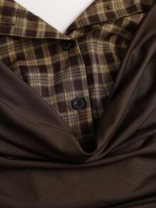 Sweetra Black Knit Plaid Patchwork Shirt, 2-In-1 Top, Back To School Season - Brown - View 5