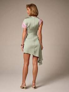 AiiRZ Satin Mini Dress With Pink Lace Cap Sleeves Asymmetric Ruffle Hem Round Neck Party Spring Summer Event Dress - Green - View 2