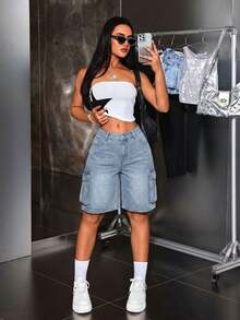 Flirla 大码女装夏季休闲时尚街头风日常通勤翻盖口袋宽松牛仔短裤 - 淺色水洗藍 - 查看 7