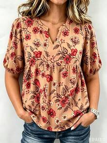 Linhara Plus Size Women's Notch Neck Printed Blouse, Summer Vacation Boho Fall - Brown - View 7