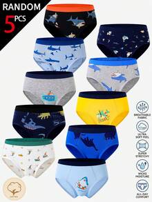 [5 Random Piece] Young BoyColorful Cute Graphic Print Cotton Briefs, Random Assorted Patterns Like Shark, Dinosaur - Multicolor - View 1