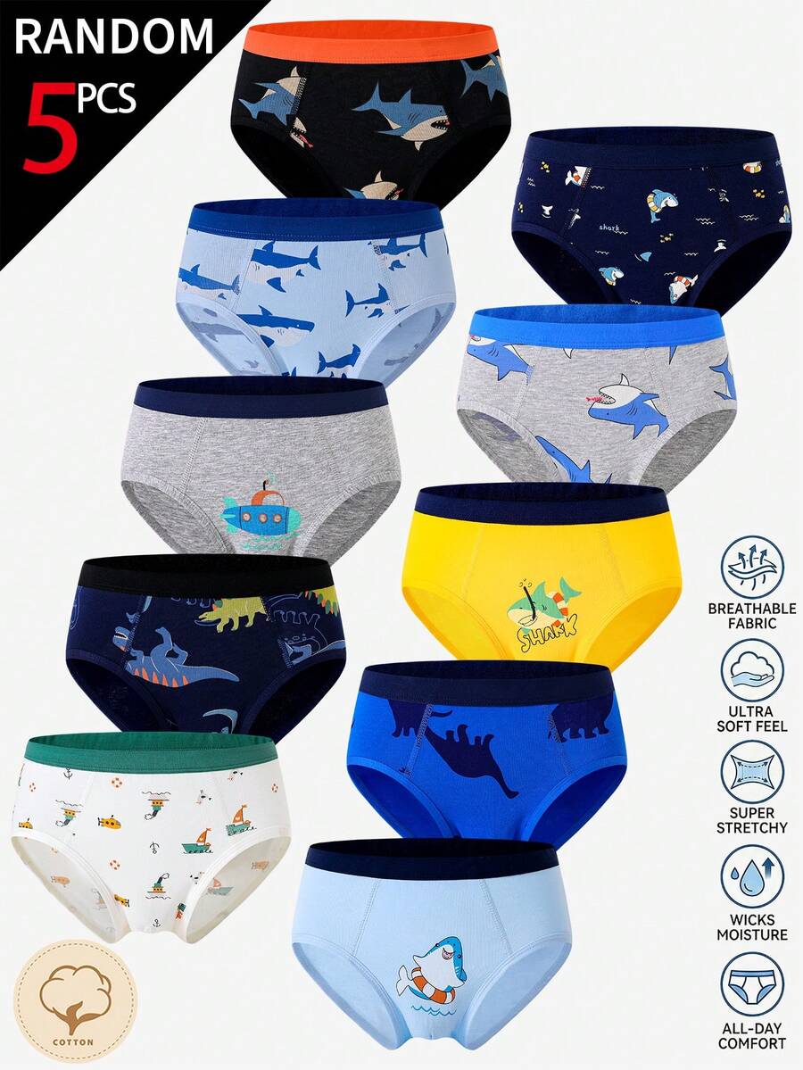 [5 Random Piece] Young BoyColorful Cute Graphic Print Cotton Briefs, Random Assorted Patterns Like Shark, Dinosaur - Multicolor - View 1
