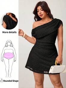 Enliva Plus Size Spring/Summer New Elegant Asymmetrical Cold Shoulder Short Sleeve Ruched Knit Dress, Casual Versatile Party Dress, One Shoulder Dress, Black Dress, Short A-Line Dress - Black - View 1