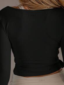 Aralina 女款長袖休閒健身交叉扭轉前襟運動T恤，健身房運動夏季世界盃球迷穿搭 - 黑色 - 查看 3