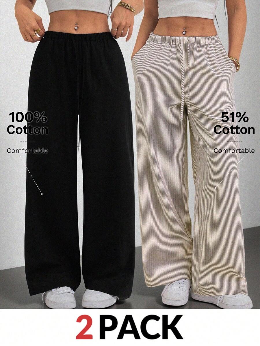 SHEIN PETITE 女款純色腰綁帶口袋長褲，舒適，適合春、夏、秋、冬 - 彩色 - 查看 1