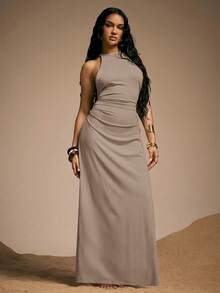 Hauture Women's Sexy High Neck Backless Maxi Dress With Bamboo Ring And Wooden Bead Decor - Grey - View 3