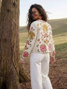 CAJUNI Women's Floral Print Round Neck Open Front Long Sleeve Lightweight Jacket - Multicolor - View 2