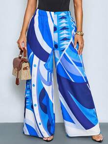 SOLERSUN Celana Panjang Wanita Ukuran Besar Kasual Motif Geometris Bunga Model A-Line Lebar untuk Musim Semi dan Musim Panas, Cocok untuk Liburan, Perjalanan, dan Pakaian Sehari-hari. - Biru - View 7