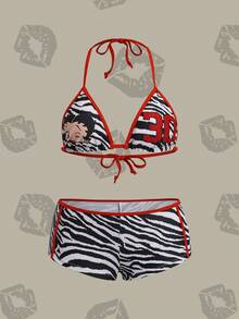 Betty Boop x SHEIN 女款數位印花掛脖綁帶比基尼上衣與低腰三角褲兩件式泳衣套裝，適合夏季度假與海灘 - 彩色 - 查看 1