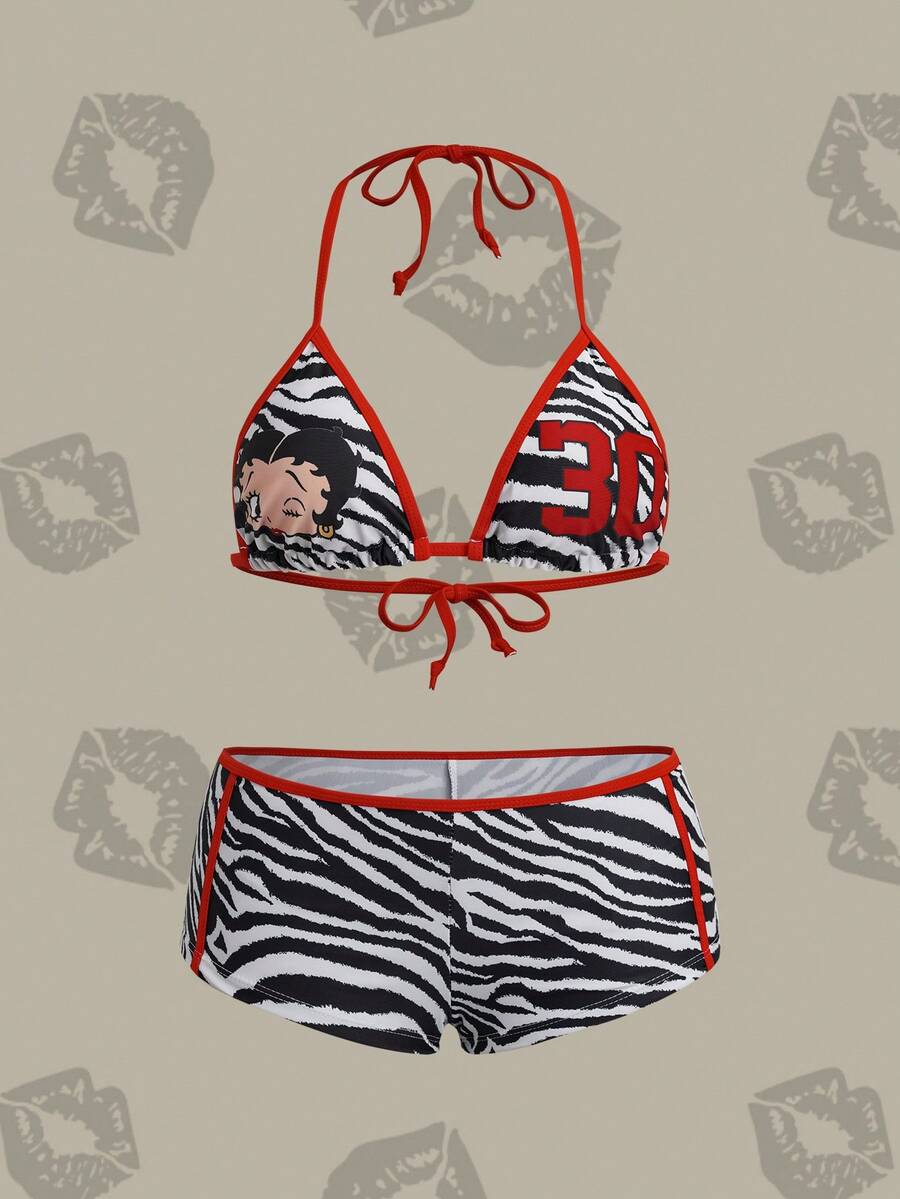 Betty Boop x SHEIN 女款數位印花掛脖綁帶比基尼上衣與低腰三角褲兩件式泳衣套裝,適合夏季度假與海灘 - 彩色 - 查看 1