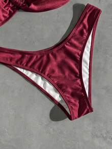 Bonvoyette Solid Color Elegant Women's Bikini Set, Metal Trim Decor, Ruched Design, Suitable For Vacation Wear - Brown - View 3