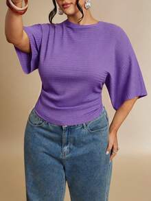 SHEIN BAE Plus Size Women's Solid Color Ruched Fitted Versatile Casual T-Shirt Fall - Purple - View 6