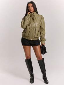 SHEIN BAE Women Olive Green Faux Leather Jacket, Stand Collar Oversized Moto Biker Coat With Utility Pockets, Casual Streetwear For Fall Winter Daily Wear - Mustard Yellow - View 3