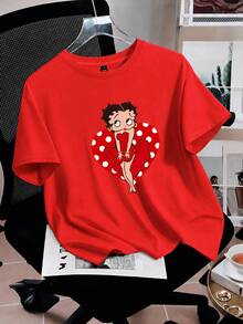 Betty Boop x SHEIN SHEIN EZwear 休閒極簡圓領短袖寬鬆女款愛心印花T恤，夏季街頭風，返校季，Y2K，派對，海灘度假，紅色 - 紅色 - 查看 10