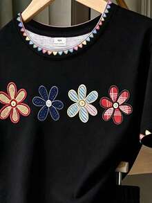 可愛復古花卉貼花刺繡圖案，青少年女孩休閒極簡短袖上衣與短褲兩件套，適合夏季日常、上學、外出、返校，時尚女孩慵懶風 - 彩色 - 查看 4