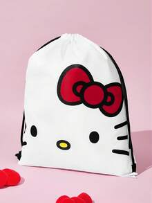 HELLO KITTY AND FRIENDS | SHEIN 可愛貓咪印花抽繩背包，輕量聚酯纖維，可調節肩帶，適用運動、學校、旅行、健身房 - 白紅 - 查看 2