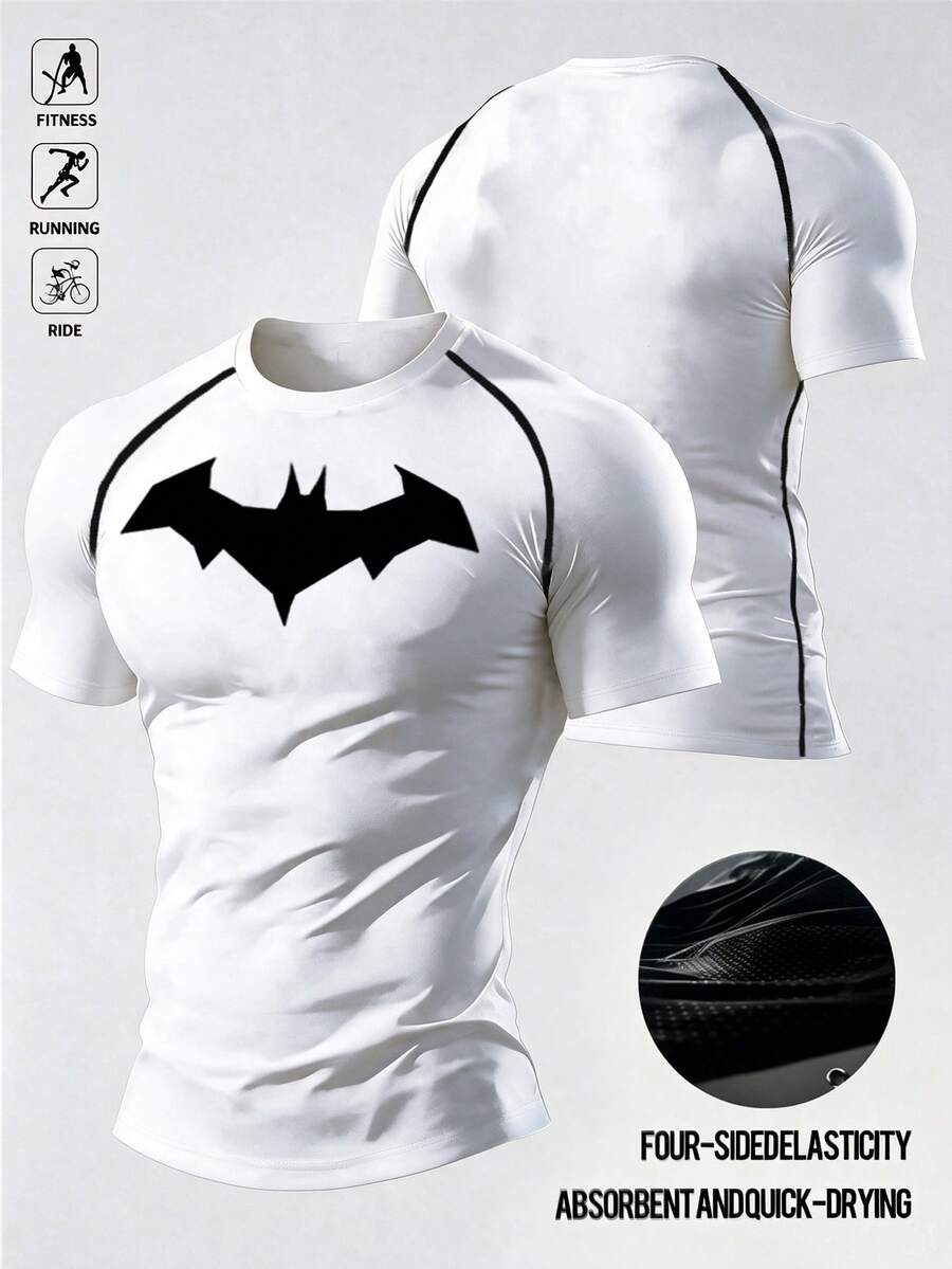 BATMAN X SHEIN Gym Rark 男士蝙蝠印花休閒百搭日常運動T恤，健身房穿著 - 白色 - 查看 1