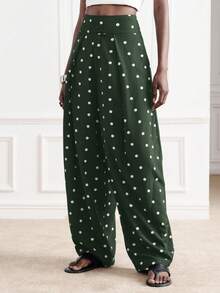 Aveloria Modichic Modern Elegant 70s Women Casual Versatile Commute Office Party Daily Green Polka Dot With White Polka Dot High Waist Tapered Leg Long Pants Fall - Green - View 4