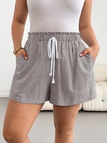 Shapeblank Plus Size Women's Striped Casual Versatile Daily Shorts - Coffee Brown - View 3