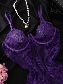 SHEIN 2件組蕾絲鋼圈透視性感睡裙 - 紫色 - 查看 3
