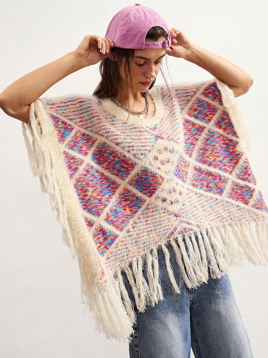 Bohemela Women's Plaid Asymmetric Neck Asymmetric Hem Shawl Sweater With Tassels Everyday Travel Beige Summer Boho - Multicolor - View 1