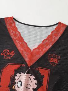 Betty Boop x SHEIN 女款卡通印花蕾絲拼接短版T恤 - 粉色 - 查看 3