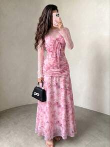 Modelyn French Design Lace Patchwork Bow Women's Long Dress - Dusty Pink - View 2