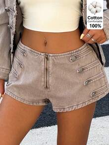 Muchica Women's Casual 2000s Disco Streetwear Denim Shorts With Zipper Fly Button Design Old Washed Napoleon Summer Y2k 100Cotton Khaki Rave Night Club Out - Light Grey - View 6