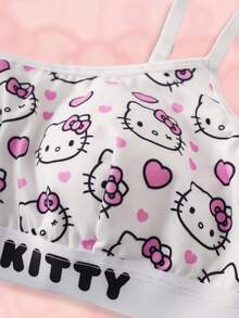 HELLO KITTY AND FRIENDS | SHEIN 女士可爱卡通猫咪印花字母文胸和内裤套装 - 白色 - 查看 4