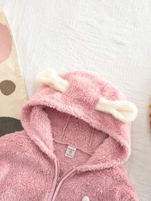 SHEIN Young Girl Knitted Solid Color Faux Fur Hooded 3D Cute Rabbit Patch Casual Jacket - Pink - View 6