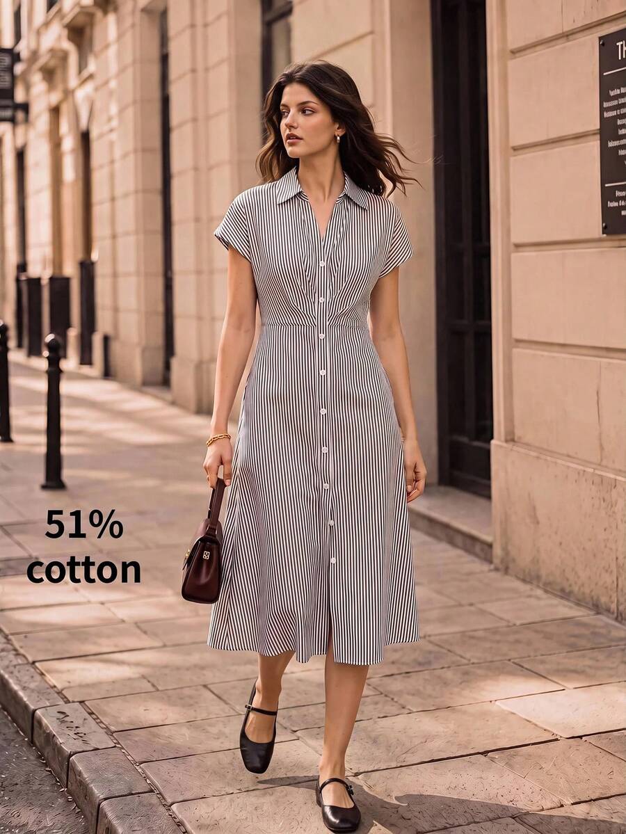 BizChic Striped Cinched Waist Cap Sleeve Dress, Vintage French Elegant Business Formal Vacation Countryside Slouchy Commute Date Daily Office Slimming Elegant Sexy Versatile Summer Autumn Halloween Back To School Party Birthday Wedding Guest Church Special Occasion Outing Beach Gathering Social Holiday Shopping Travel Minimalist Luxury