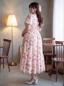 Bijouette 大尺碼女款春夏碎花抽繩蝴蝶結裝飾喇叭裙 收腰修身百搭可愛仙氣長裙 粉色花卉 - 粉色 - 查看 3