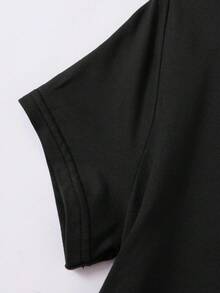 SHEIN 兒童青少年女孩黑色純色針織短袖T恤與抽繩長褲套裝 - 黑色 - 查看 4