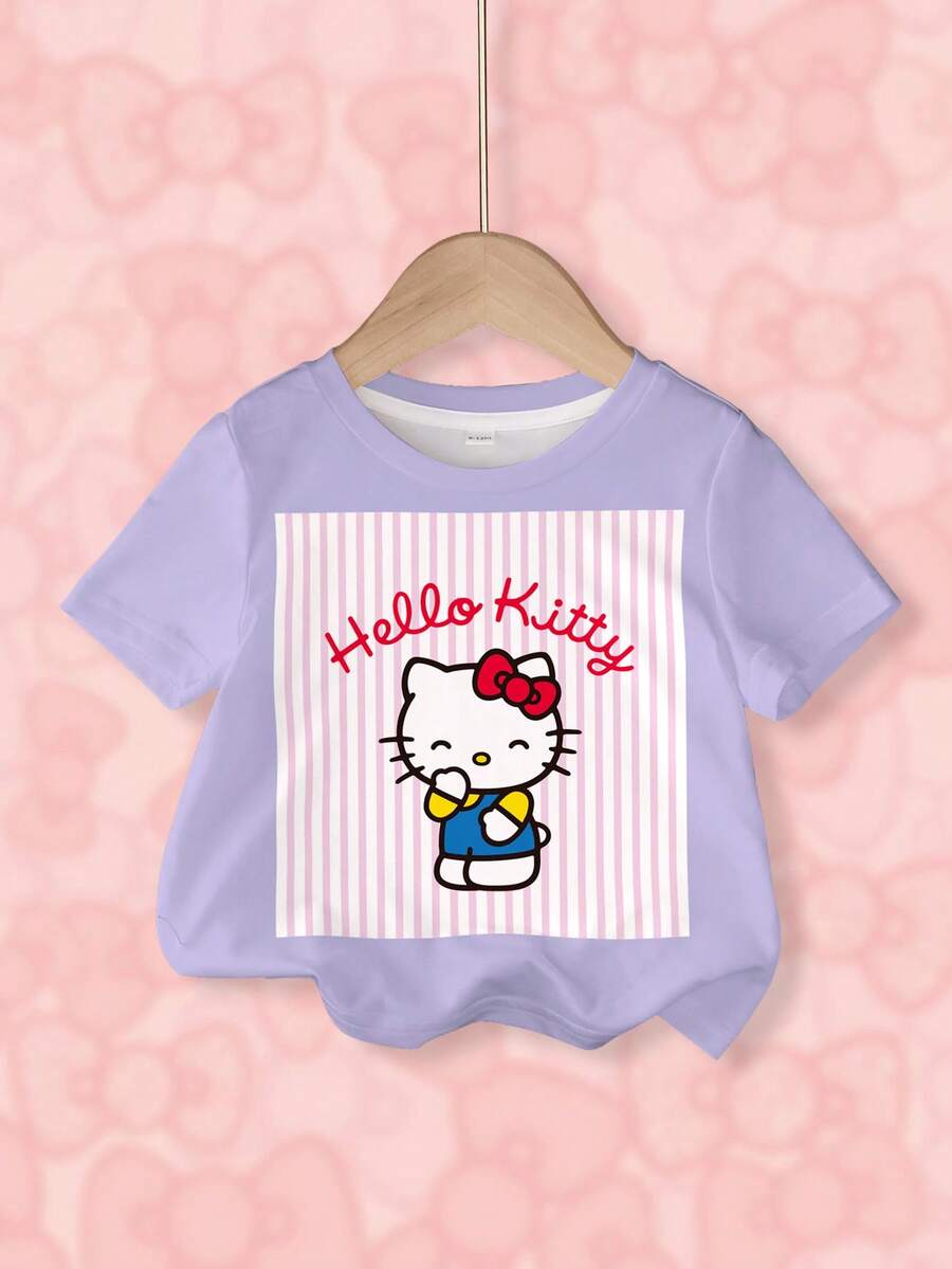 HELLO KITTY AND FRIENDS | SHEIN Kaos Kasual Musim Panas untuk Remaja Perempuan dengan Motif Garis-Garis dan Kartun - Putih - View 1
