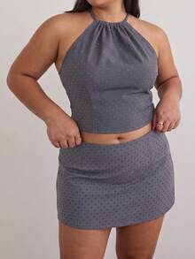 GalTyme Plus Size Autumn Casual Y2k 90s Business Casual Gray Print Skirt Party Vacation Night - Grey - View 4