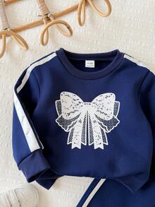 SHEIN Baby Girls French Elegant Round Neck Bow Print Pullover Sweatshirt/Autumn Winter Pants Set - Multicolor - View 3