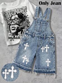 SHEIN Kids Boys' Black Denim Loose Fit Cross Pattern Overalls Shorts - Light Wash - View 1