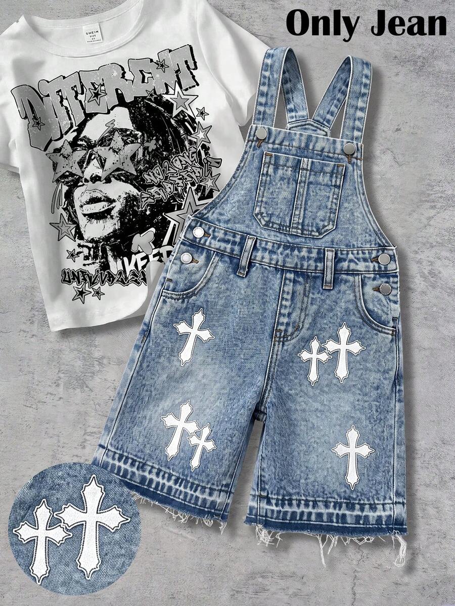 SHEIN Kids Boys' Black Denim Loose Fit Cross Pattern Overalls Shorts - Light Wash - View 1
