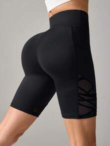 SHEIN Sports Flocked Mesh Splicing High Waist Seamless Sports Shorts - Black - View 7