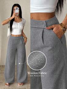 SHEIN PETITE 女款純色百褶口袋寬腿寬鬆休閒長褲 - 灰色 - 查看 8