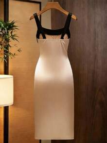 GlowEve CURVE Plus Size Women's Elegant Solid Color Satin Square Neck Lace Trim Back Tie Design Ruched Waist Mid-Length Slip Dress, Suitable For Date/Evening Party, Commute Daily Wear - Champagne - View 2
